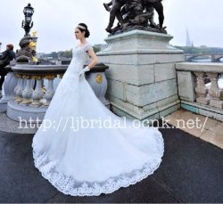 画像1:  LJブライダル綺麗ウェディングドレス海外結婚式袖タイプトレーン 声楽二次会結婚式挙式 仮面舞踏会	