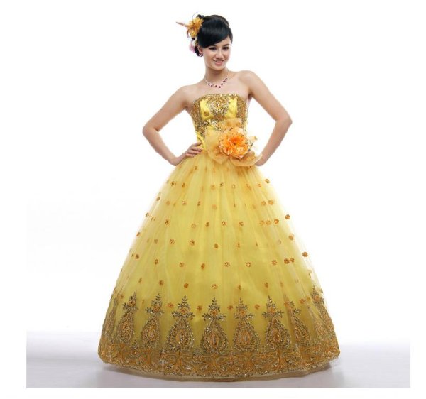 画像1:  LJオーダー舞台パーティーカラードレス衣装二次会演出黄色結婚式 宮殿衣装 新作 海外結婚式