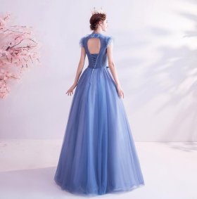 画像: xyh143 LJサイズオーダー無料 パーティードレス カラードレス フロア丈 リボン フラワー 可愛い 花嫁 結婚式 パーティー 挙式 二次会 発表会 演奏会 ロング 高品質 ブルー（青）