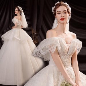 画像: xyh150 LJサイズオーダー無料 レース フロア丈 ウェディングドレス オフショルダー 花嫁 結婚式 パーティー 挙式 二次会 発表会 演奏会 ロング 高品質 ホワイト