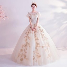 画像: xyh160 LJサイズオーダー無料 パフ袖 フロア丈 ウェディングドレス フラワー 花嫁 結婚式 パーティー 挙式 二次会 発表会 演奏会 ロング 高品質 ゴールド