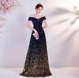 画像: xyh175 LJサイズオーダー無料 オフショルダー パーティードレス カラードレス トレーン 花嫁 結婚式 パーティー 挙式 二次会 発表会 演奏会 ロング 高品質 ブラック（黒）