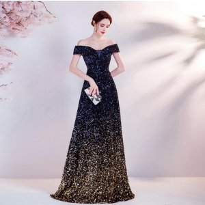 画像: xyh175 LJサイズオーダー無料 オフショルダー パーティードレス カラードレス トレーン 花嫁 結婚式 パーティー 挙式 二次会 発表会 演奏会 ロング 高品質 ブラック（黒）